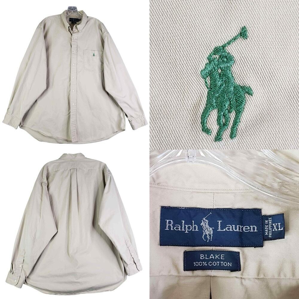 Polo Ralph Lauren Shirt Oxford Mens Size XL Solid Tan Khaki Blake LS Button Down